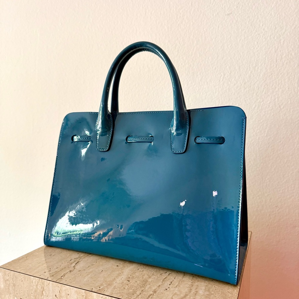 Mansur Gavriel Blue Patent Leather Top-Handle Sun Bag - Picture 7 of 12